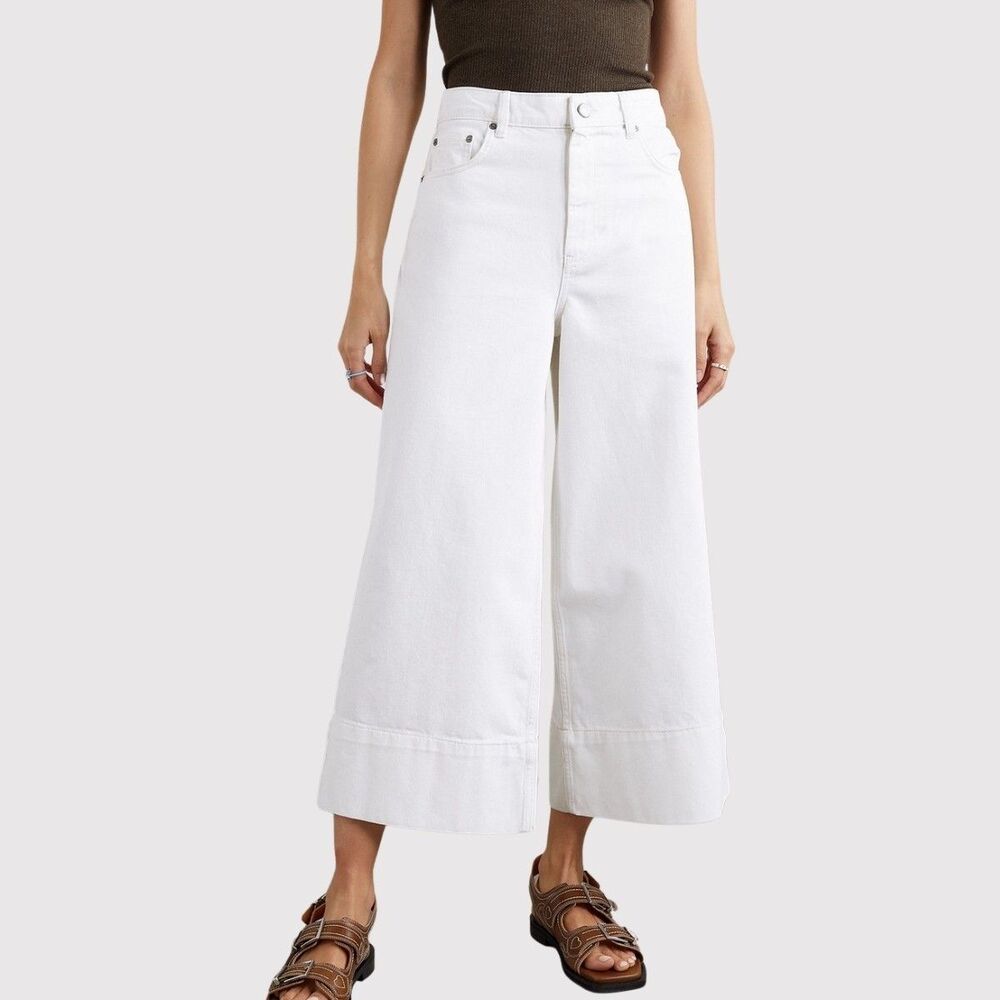 GANNI Womens Jeans White Denim Organic Cotton High Rise Cropped Wide Leg Size 27